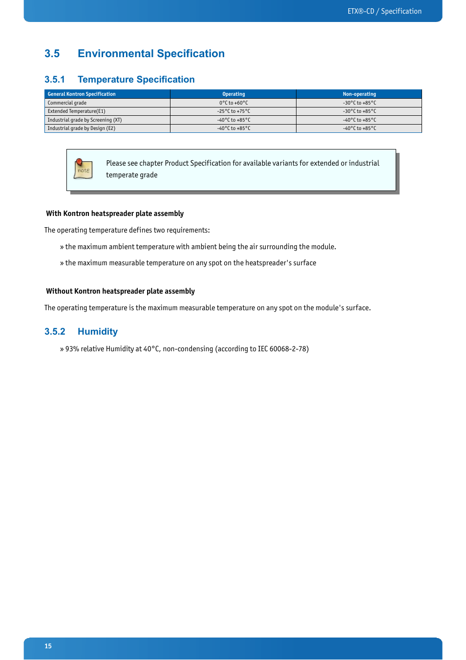 5 environmental specification, 1 temperature specification, 2 humidity | Environmental specification, Temperature specification, Humidity | Kontron ETX-CD User Manual | Page 15 / 88