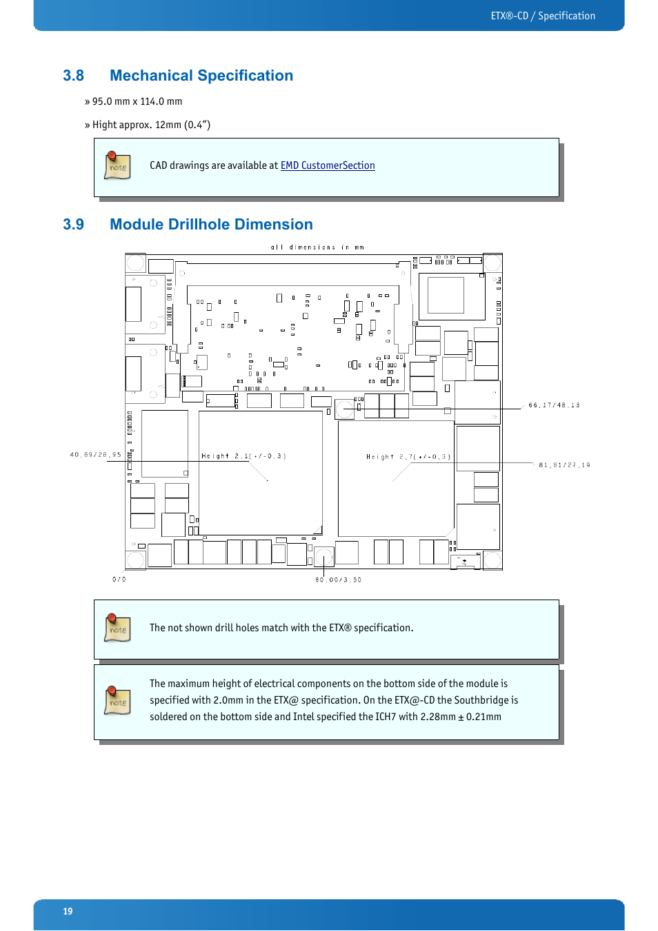 8 mechanical specification, 9 module drillhole dimension, Mechanical specification | Module drillhole dimension | Kontron ETX-CD User Manual | Page 19 / 88