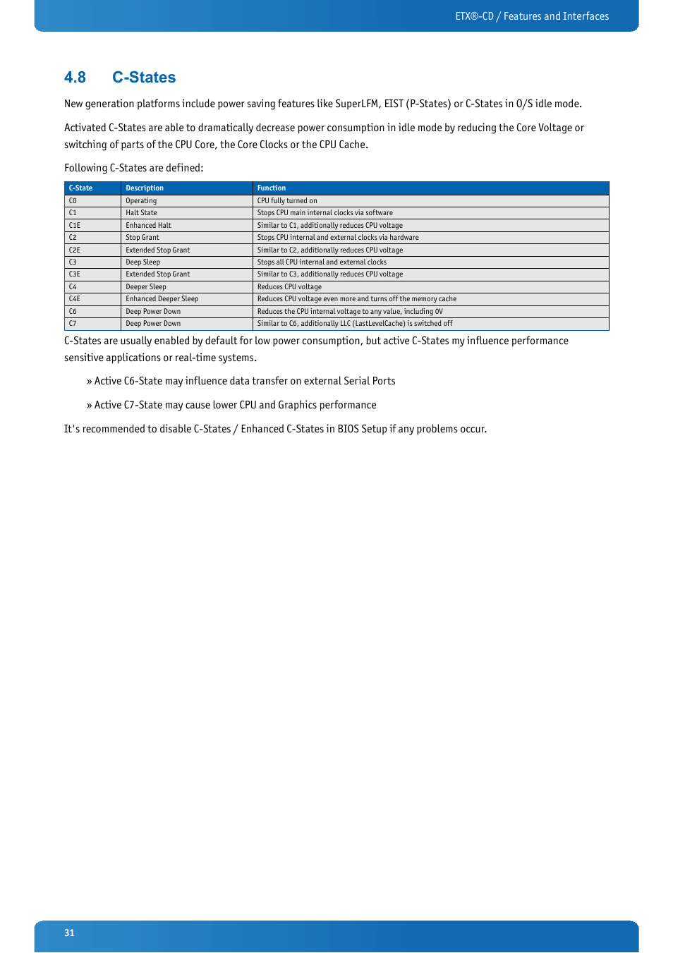 8 c-states, C-states, Etx®-cd / features and interfaces | Kontron ETX-CD User Manual | Page 31 / 88