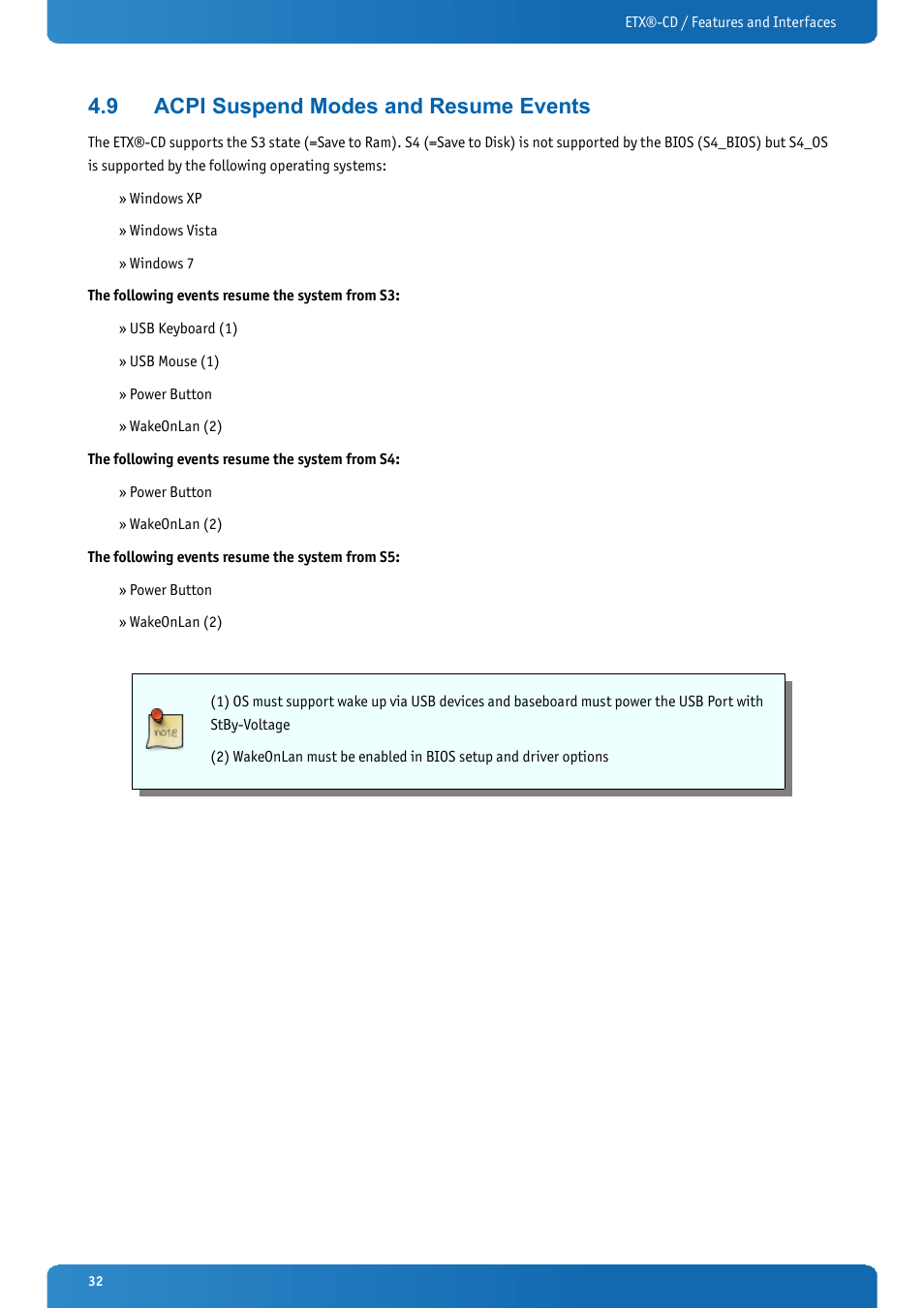 9 acpi suspend modes and resume events, Acpi suspend modes and resume events | Kontron ETX-CD User Manual | Page 32 / 88
