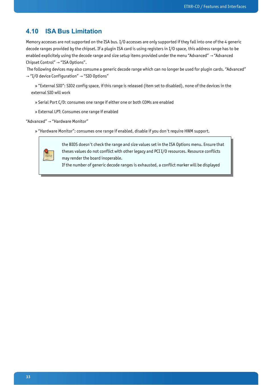 10 isa bus limitation, Isa bus limitation | Kontron ETX-CD User Manual | Page 33 / 88