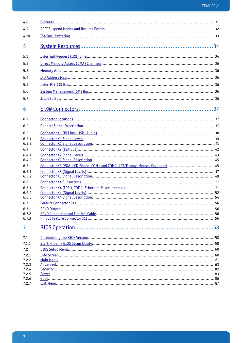 5system resources, 6etx® connectors, 7bios operation | Kontron ETX-CD User Manual | Page 4 / 88