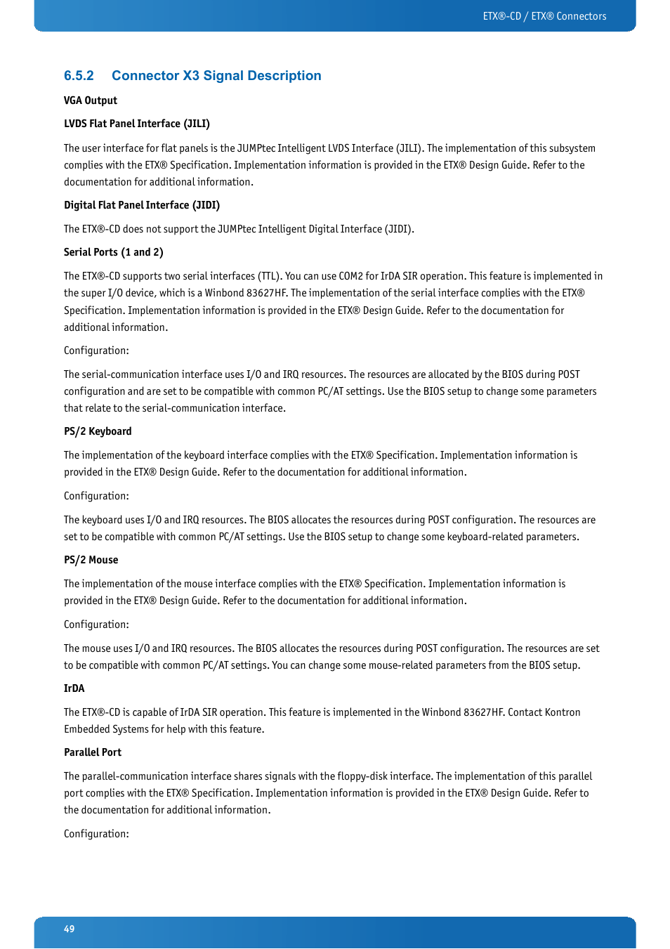 2 connector x3 signal description, Connector x3 signal description | Kontron ETX-CD User Manual | Page 49 / 88