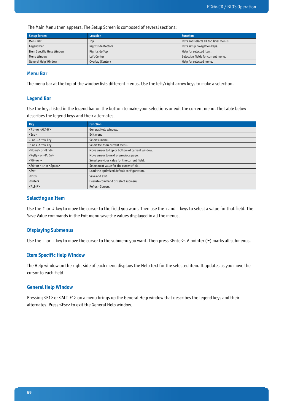 Menu bar, Legend bar, Selecting an item | Displaying submenus, Item specific help window, General help window | Kontron ETX-CD User Manual | Page 59 / 88