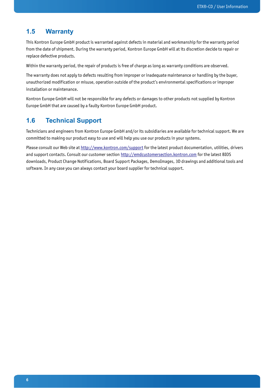 5 warranty, 6 technical support, Warranty | Technical support | Kontron ETX-CD User Manual | Page 6 / 88