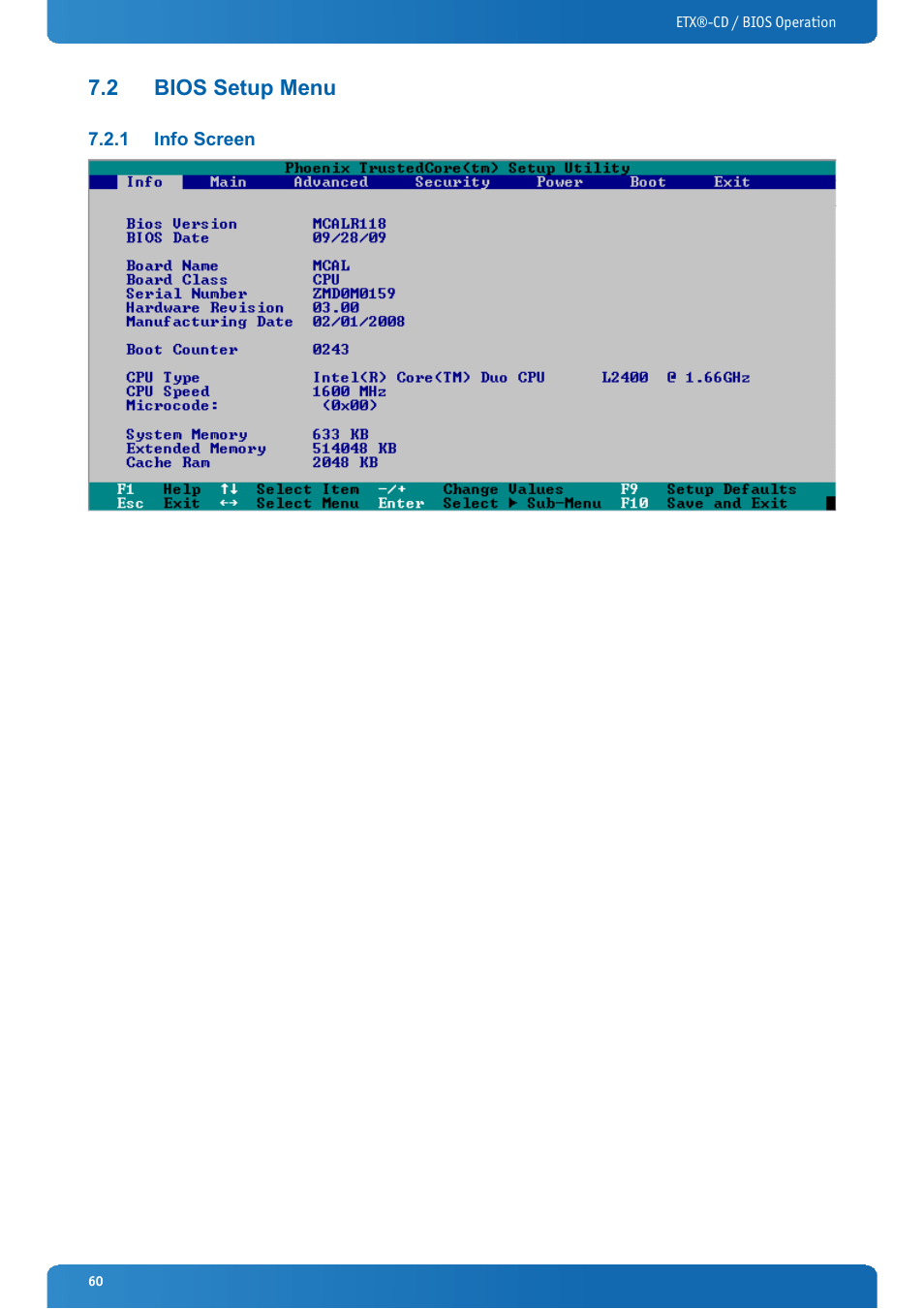 2 bios setup menu, 1 info screen, Bios setup menu | Info screen | Kontron ETX-CD User Manual | Page 60 / 88