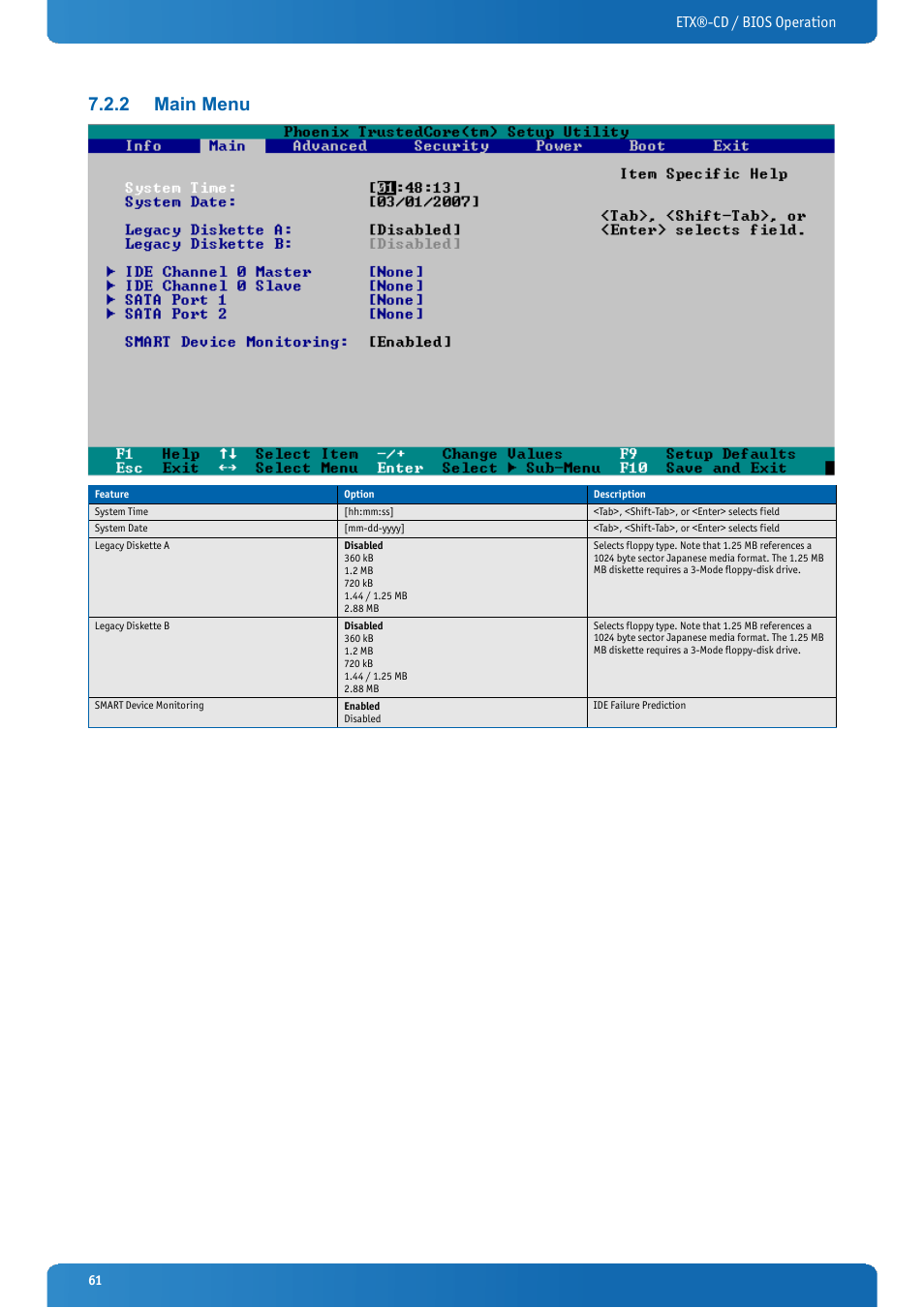 2 main menu, Main menu, Etx®-cd / bios operation | Kontron ETX-CD User Manual | Page 61 / 88