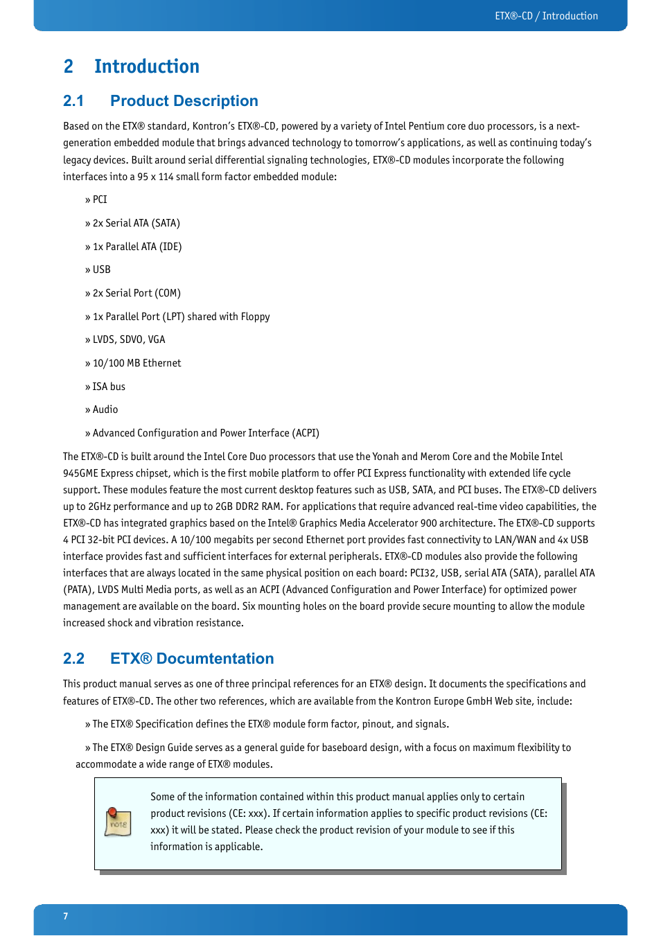 2 introduction, 1 product description, 2 etx® documtentation | Introduction, Product description, Etx® documtentation | Kontron ETX-CD User Manual | Page 7 / 88