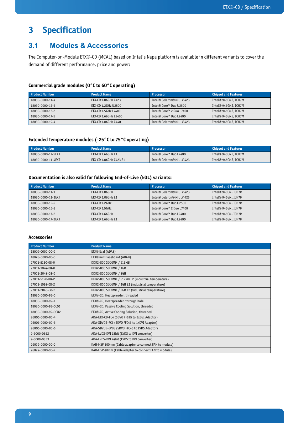 3 specification, 1 modules & accessories, Specification | Modules & accessories, Etx®-cd / specification, Accessories | Kontron ETX-CD User Manual | Page 9 / 88