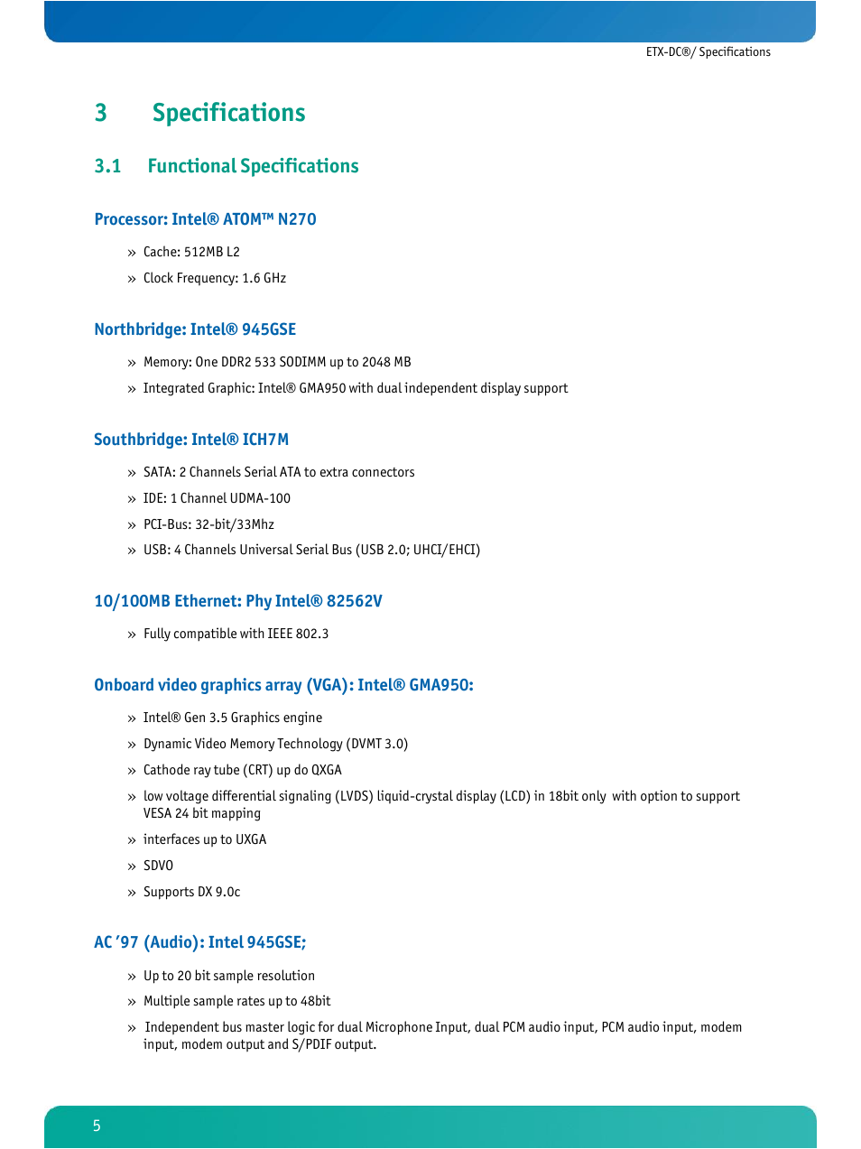 Specifications, Functional specifications, 3specifications | 1 functional specifications | Kontron ETX-DC User Manual | Page 10 / 81