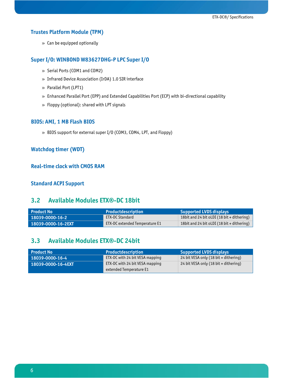 Available modules etx®-dc 18bit, Available modules etx®-dc 24bit, 2 available modules etx®-dc 18bit | 3 available modules etx®-dc 24bit | Kontron ETX-DC User Manual | Page 11 / 81