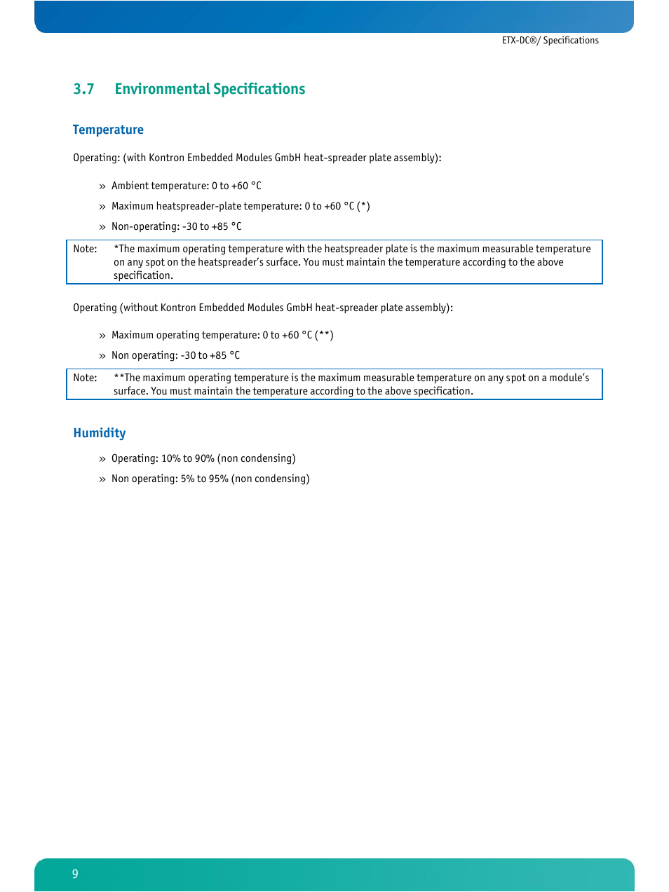 Environmental specifications, 7 environmental specifications | Kontron ETX-DC User Manual | Page 14 / 81