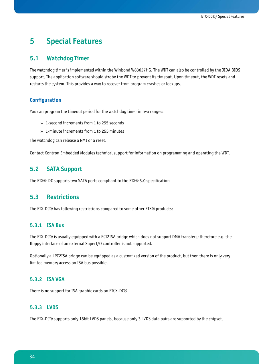 Special features, Watchdog timer, Sata support | Restrictions, Isa bus, Isa vga, Lvds, 5special features, 1 watchdog timer, 2 sata support | Kontron ETX-DC User Manual | Page 39 / 81