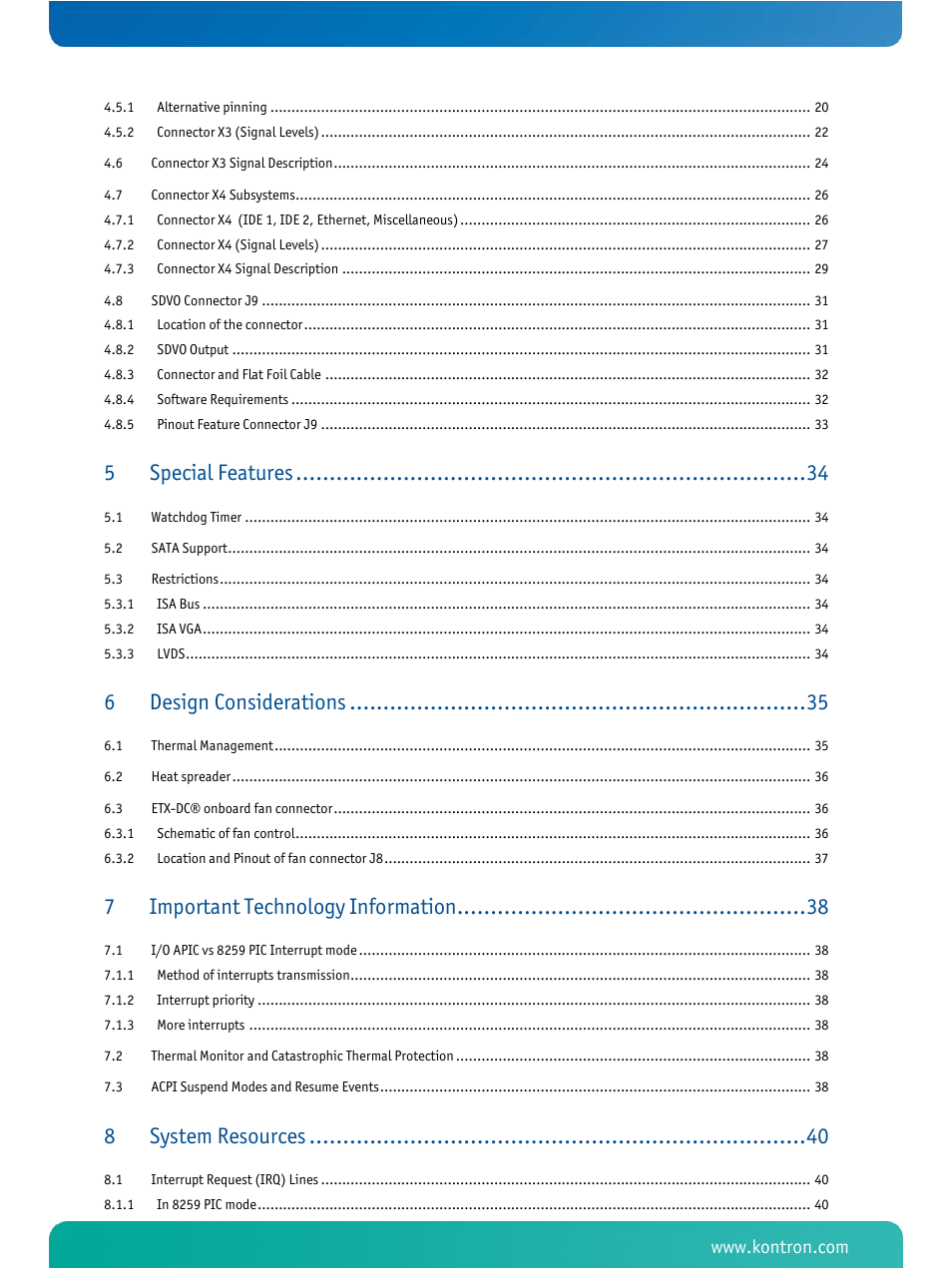 Special features, Design considerations, Important technology information | System resources | Kontron ETX-DC User Manual | Page 4 / 81