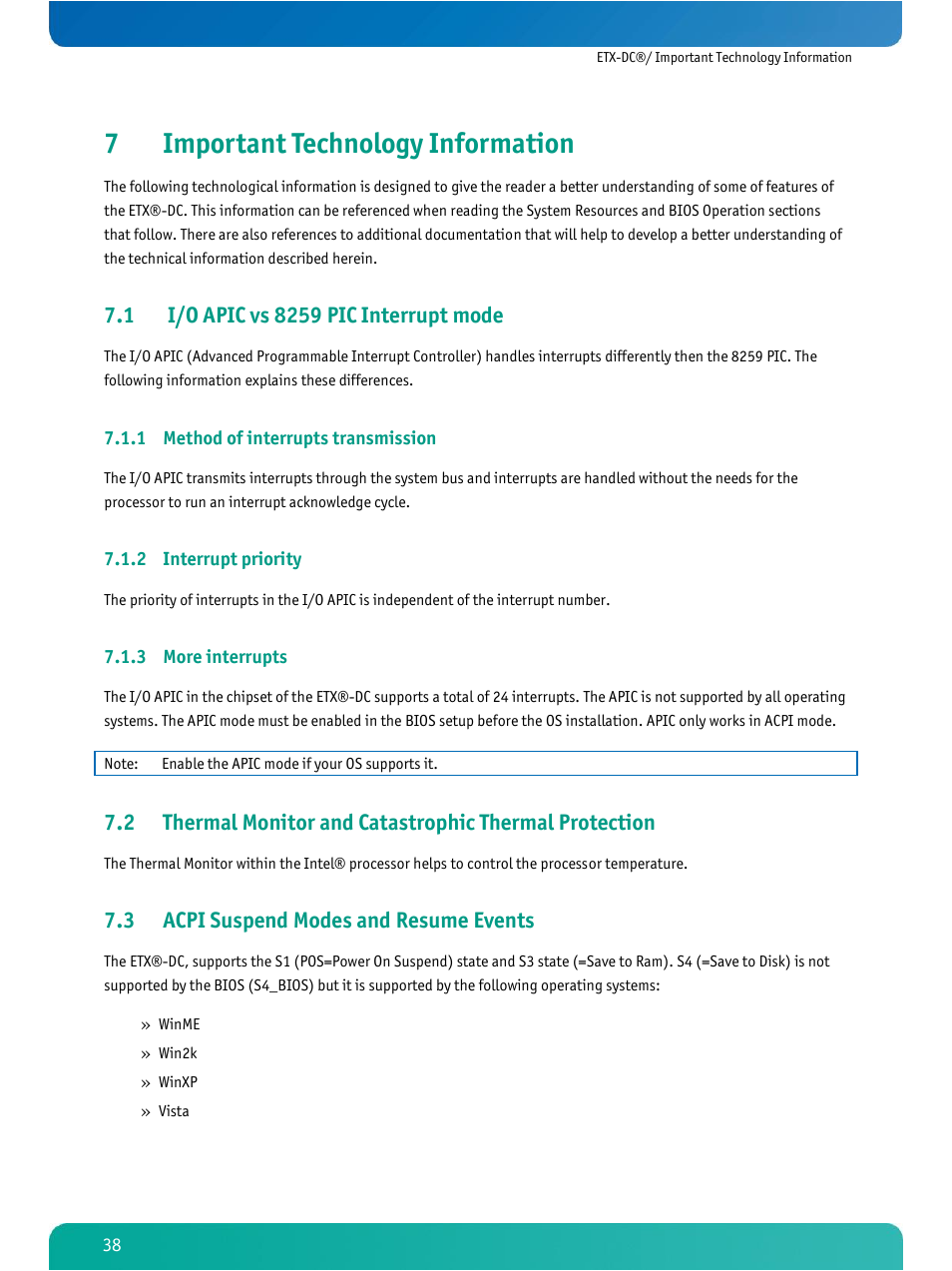 Important technology information, I/o apic vs 8259 pic interrupt mode, Method of interrupts transmission | Interrupt priority, More interrupts, Acpi suspend modes and resume events, 7important technology information, 3 acpi suspend modes and resume events | Kontron ETX-DC User Manual | Page 43 / 81