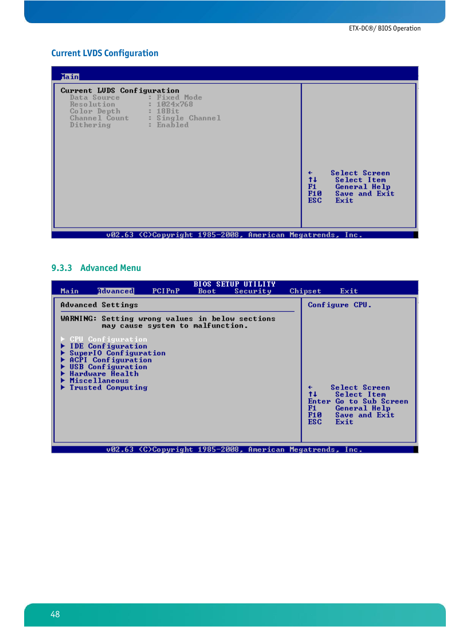 Advanced menu | Kontron ETX-DC User Manual | Page 53 / 81