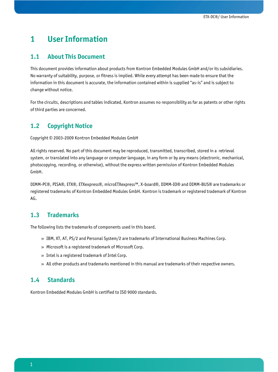 User information, About this document, Copyright notice | Trademarks, Standards, 1user information, 1 about this document, 2 copyright notice, 3 trademarks, 4 standards | Kontron ETX-DC User Manual | Page 6 / 81