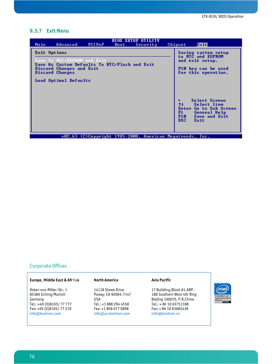 Exit menu, 7 exit menu, Corporate offices | Kontron ETX-DC User Manual | Page 81 / 81