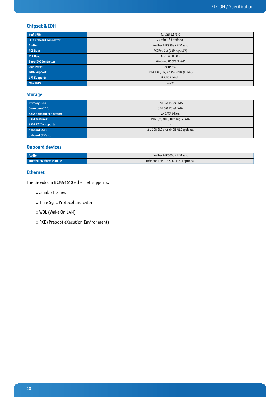 Chipset & ioh, Storage, Onboard devices | Ethernet, Etx-oh / specification | Kontron ETX-OH User Manual | Page 10 / 100