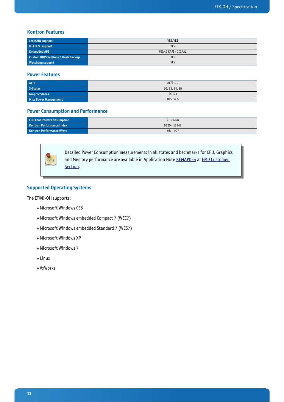 Kontron features, Power features, Power consumption and performance | Supported operating systems | Kontron ETX-OH User Manual | Page 11 / 100