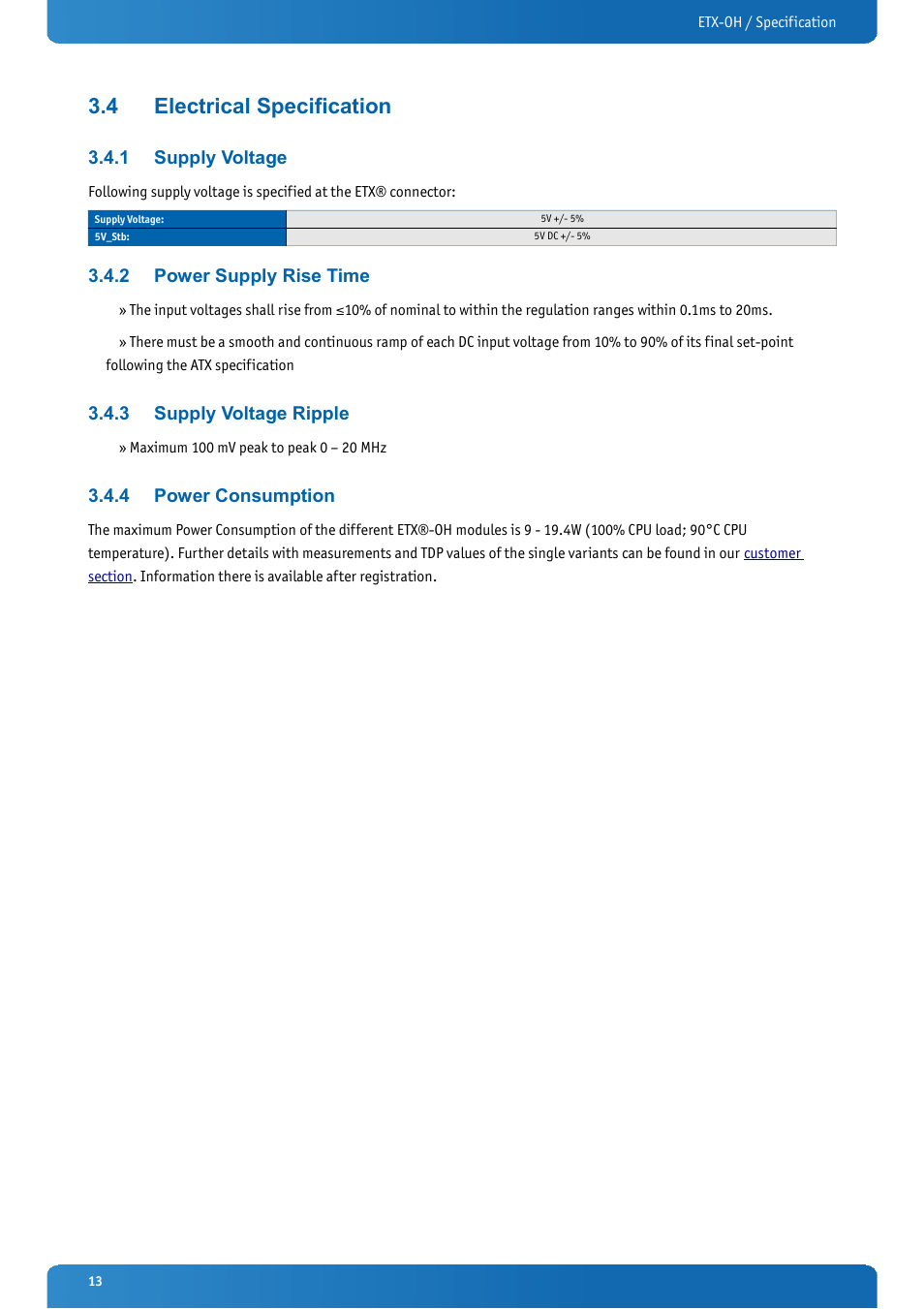 4 electrical specification, 1 supply voltage, 2 power supply rise time | 3 supply voltage ripple, 4 power consumption, Electrical specification, Supply voltage, Power supply rise time, Supply voltage ripple, Power consumption | Kontron ETX-OH User Manual | Page 13 / 100