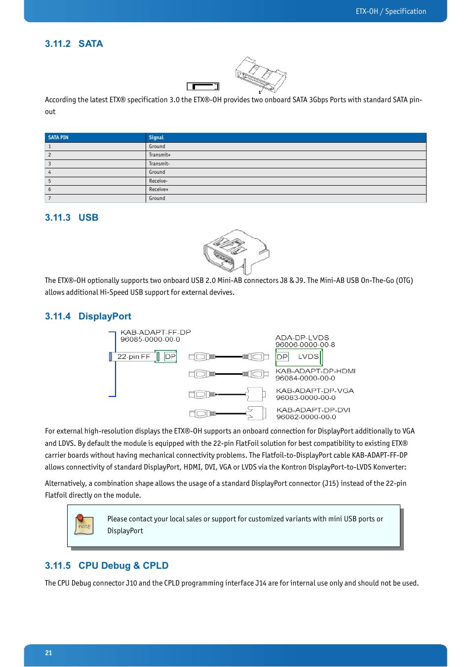 2 sata, 3 usb, 4 displayport | 5 cpu debug & cpld, Sata, Displayport, Cpu debug & cpld | Kontron ETX-OH User Manual | Page 21 / 100