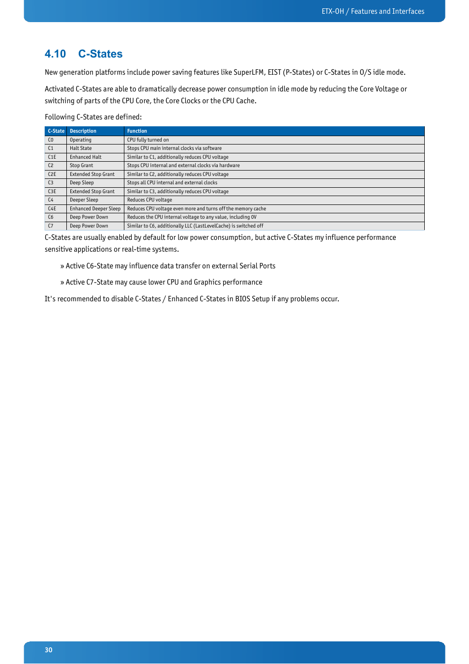 10 c-states, C-states, Etx-oh / features and interfaces | Kontron ETX-OH User Manual | Page 30 / 100