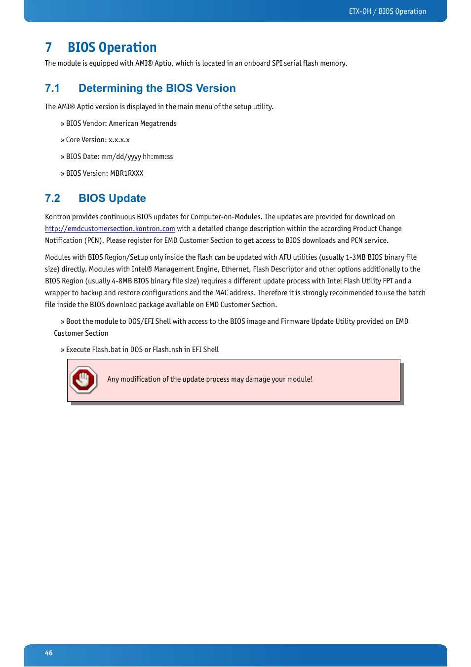 7 bios operation, 1 determining the bios version, 2 bios update | Bios operation, Determining the bios version, Bios update | Kontron ETX-OH User Manual | Page 46 / 100