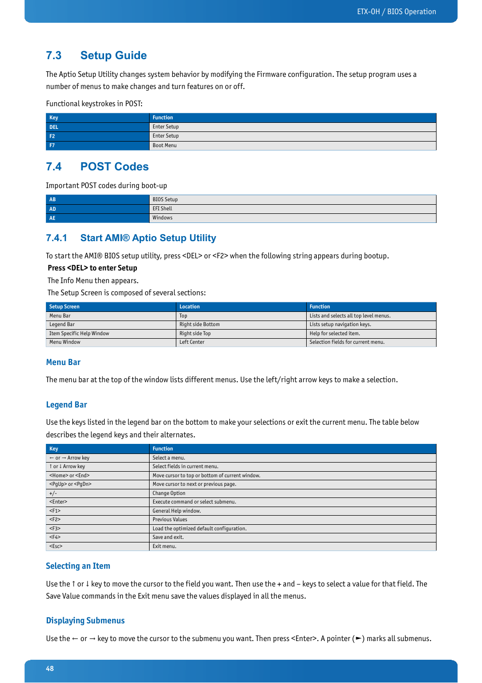 3 setup guide, 4 post codes, 1 start ami® aptio setup utility | Menu bar, Legend bar, Selecting an item, Displaying submenus, Setup guide, Post codes, Start ami® aptio setup utility | Kontron ETX-OH User Manual | Page 48 / 100