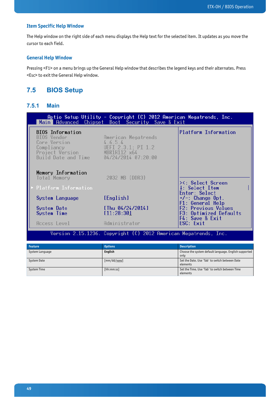 Item specific help window, General help window, 5 bios setup | 1 main, Bios setup, Main | Kontron ETX-OH User Manual | Page 49 / 100