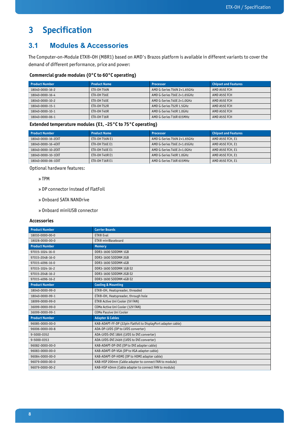 3 specification, 1 modules & accessories, Specification | Modules & accessories, Etx-oh / specification | Kontron ETX-OH User Manual | Page 8 / 100