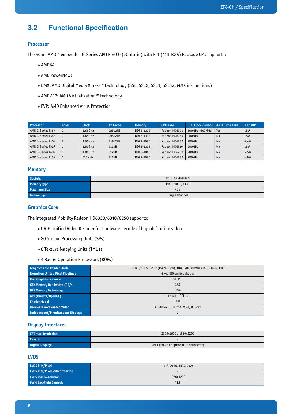 2 functional specification, Processor, Memory | Graphics core, Display interfaces, Lvds, Functional specification, Etx-oh / specification | Kontron ETX-OH User Manual | Page 9 / 100