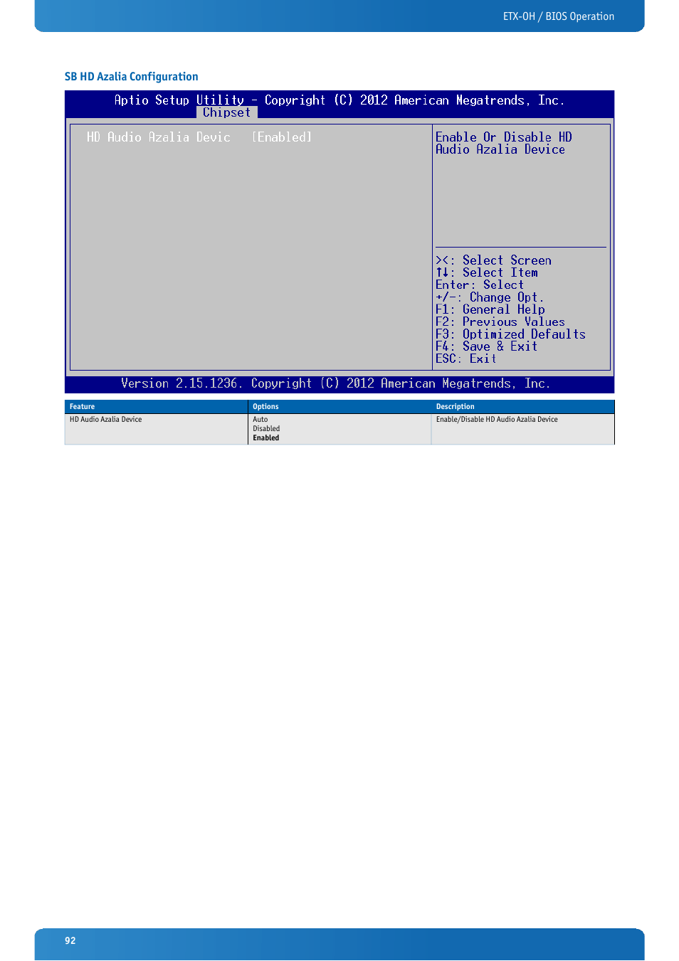 Sb hd azalia configuration, Etx-oh / bios operation sb hd azalia configuration | Kontron ETX-OH User Manual | Page 92 / 100