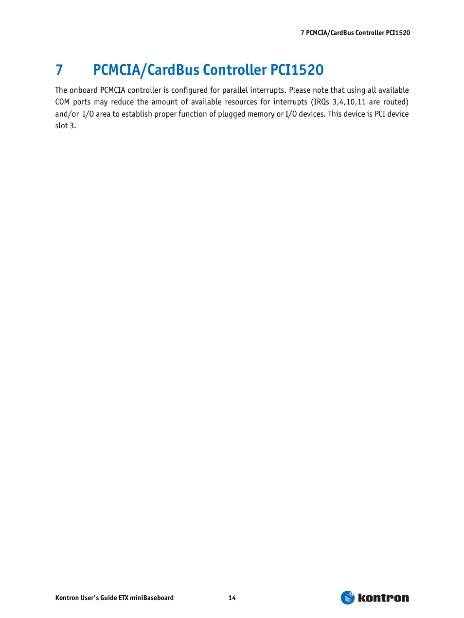 7 pcmcia/cardbus controller pci1520, Pcmcia/cardbus controller pci1520 | Kontron ETX miniBaseboard User Manual | Page 14 / 17