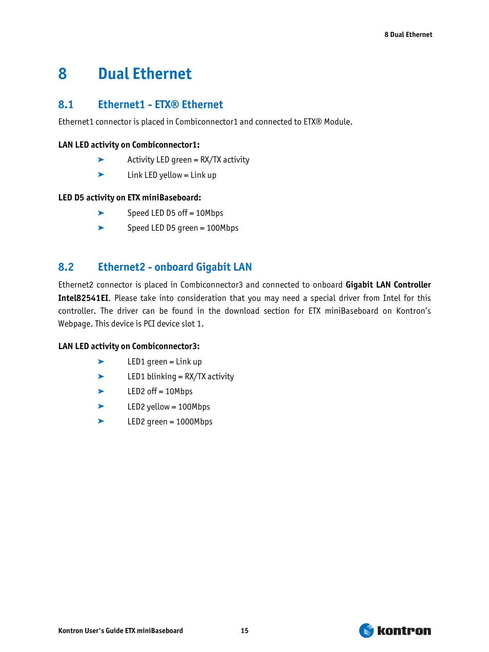 8 dual ethernet, 1 ethernet1 - etx® ethernet, 2 ethernet2 - onboard gigabit lan | Dual ethernet, Ethernet1 - etx® ethernet, Ethernet2 - onboard gigabit lan, 8dual ethernet | Kontron ETX miniBaseboard User Manual | Page 15 / 17