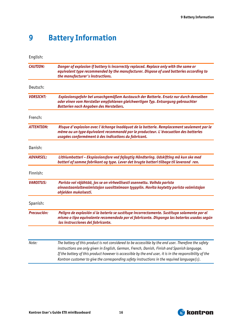 9 battery information, Battery information, 9battery information | Kontron ETX miniBaseboard User Manual | Page 16 / 17