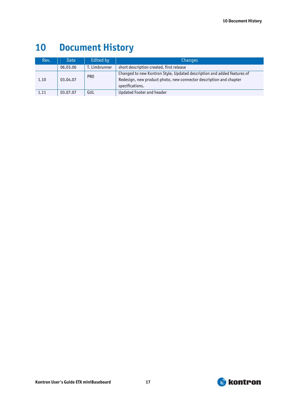10 document history, Document history | Kontron ETX miniBaseboard User Manual | Page 17 / 17