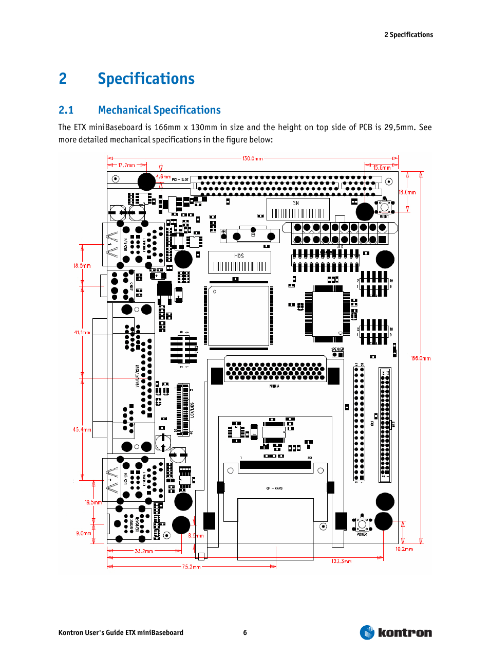 2 specifications, 1 mechanical specifications, Specifications | Mechanical specifications, 2specifications | Kontron ETX miniBaseboard User Manual | Page 6 / 17