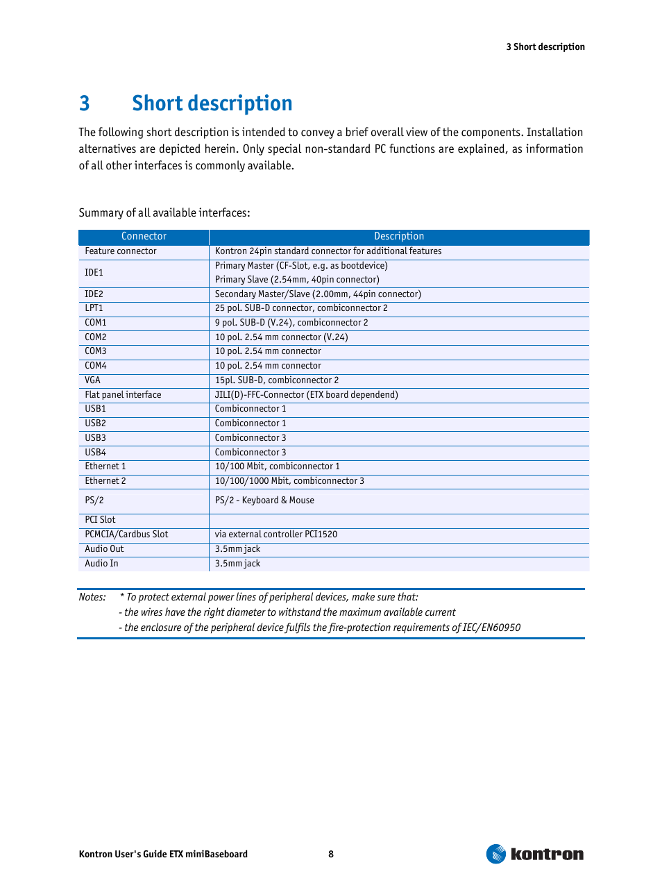 3 short description, Short description, 3short description | Kontron ETX miniBaseboard User Manual | Page 8 / 17