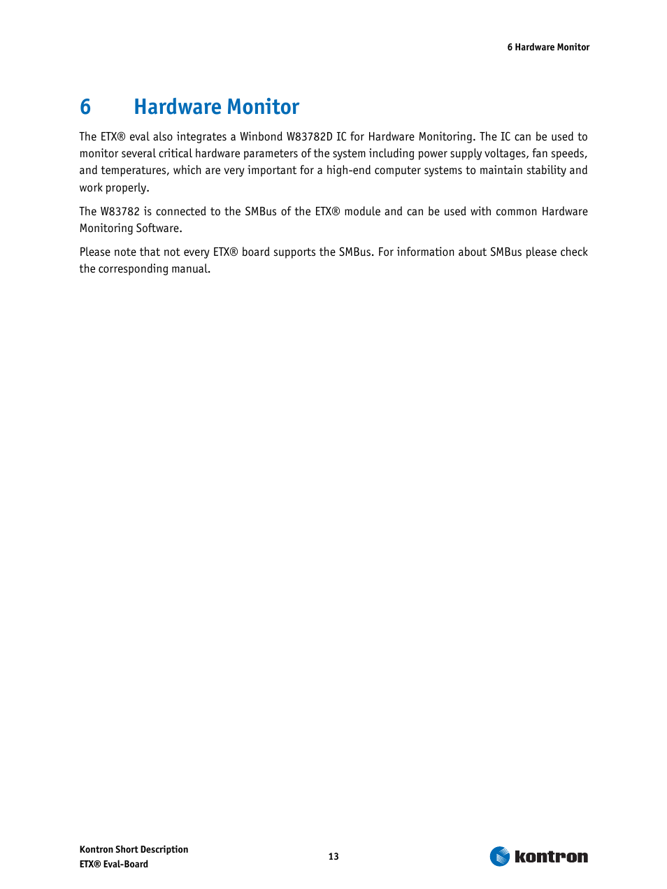 6 hardware monitor, Hardware monitor, 6hardware monitor | Kontron ETX-Starterkit User Manual | Page 13 / 16