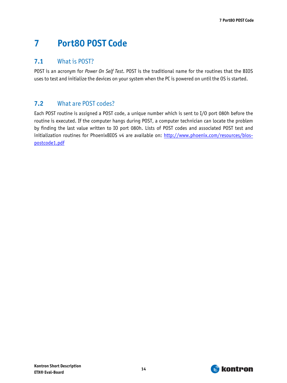 7 port80 post code, 1 what is post, 2 what are post codes | Port80 post code, What is post, What are post codes, 7port80 post code | Kontron ETX-Starterkit User Manual | Page 14 / 16