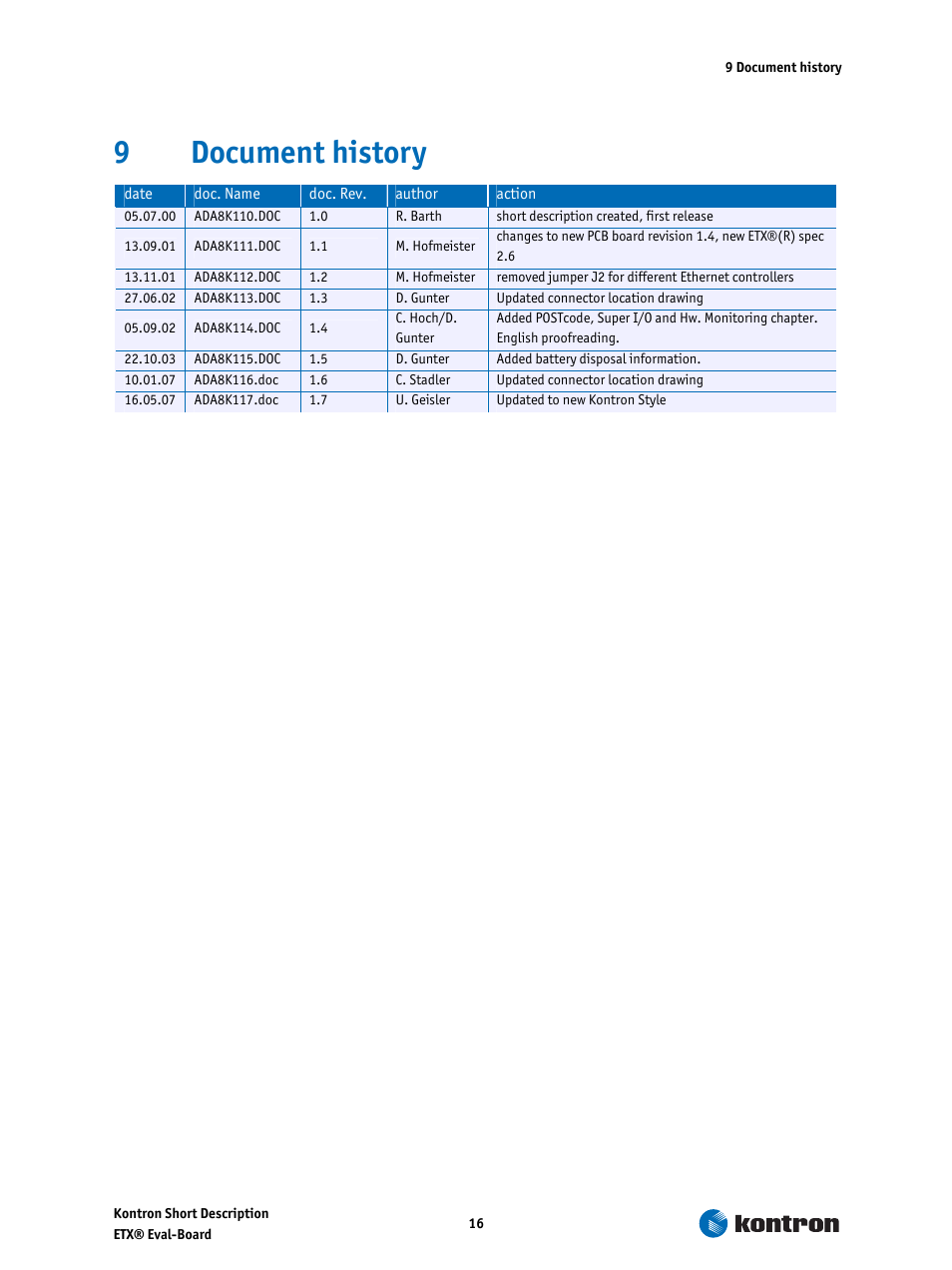 9 document history, Document history, 9document history | Kontron ETX-Starterkit User Manual | Page 16 / 16
