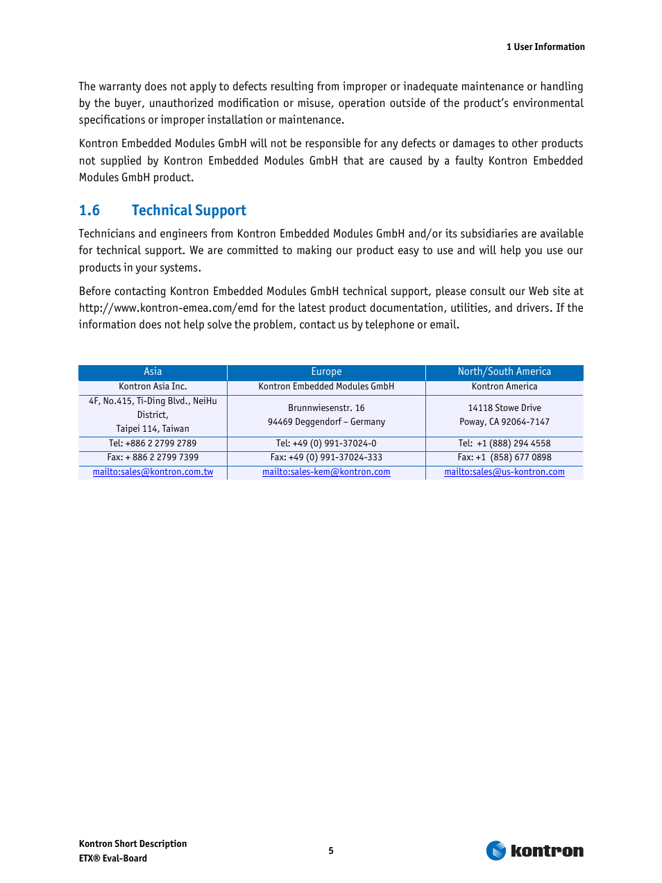 6 technical support, Technical support | Kontron ETX-Starterkit User Manual | Page 5 / 16