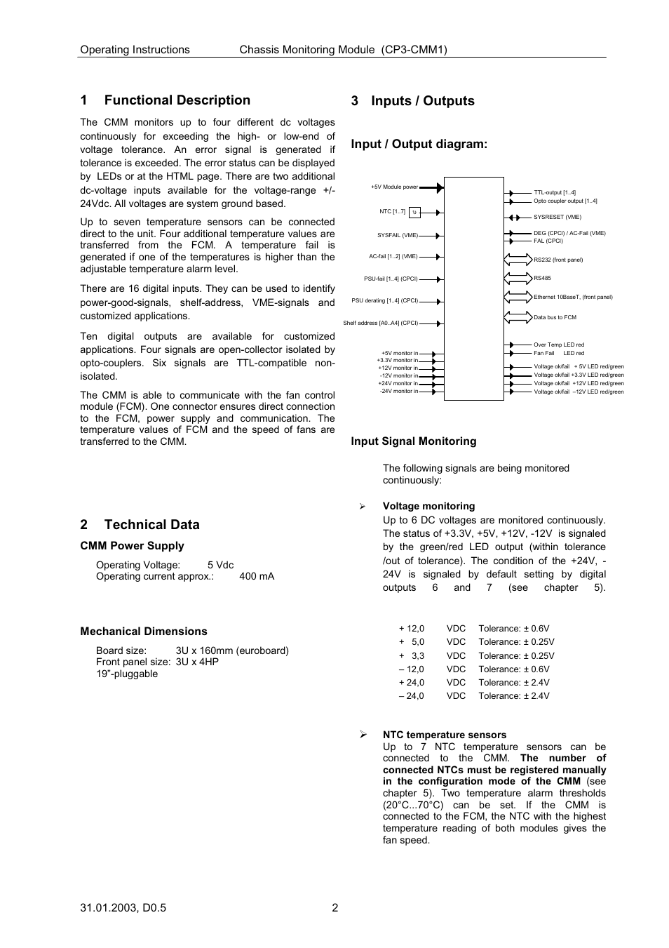 1 functional description, 2 technical data, 3 inputs / outputs | Input / output diagram | Kontron CP3-CMM1 User Manual | Page 2 / 10