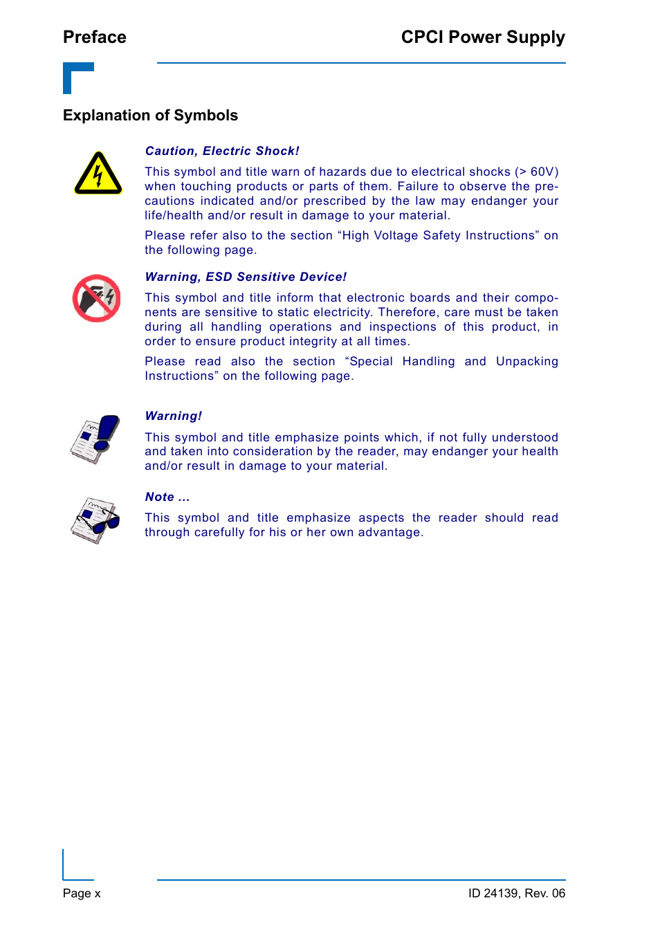 Explanation of symbols, Preface cpci power supply | Kontron CPCI User Manual | Page 10 / 22