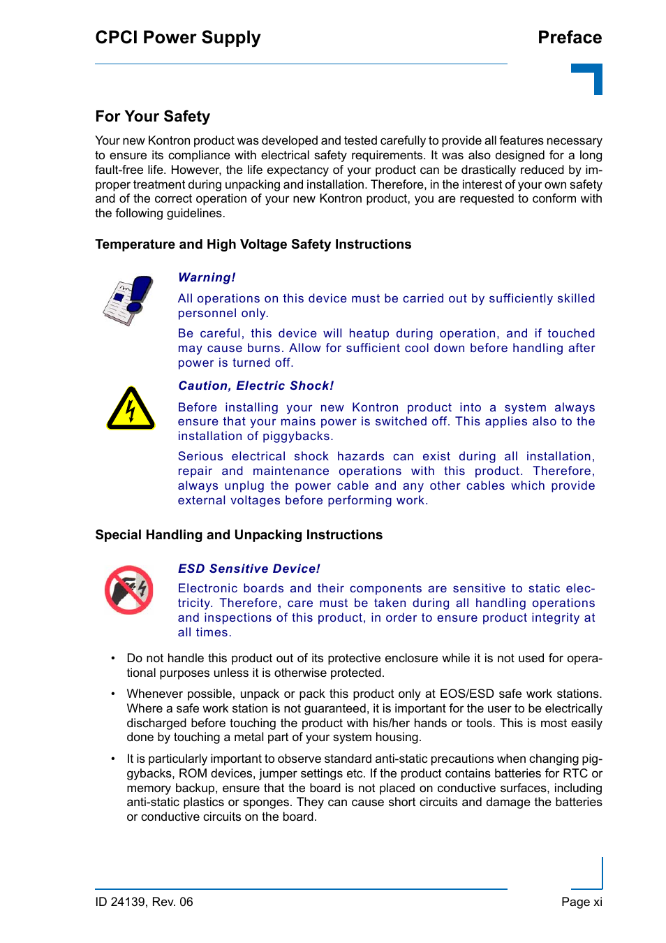 For your safety, Temperature and high voltage safety instructions, Special handling and unpacking instructions | Cpci power supply preface | Kontron CPCI User Manual | Page 11 / 22