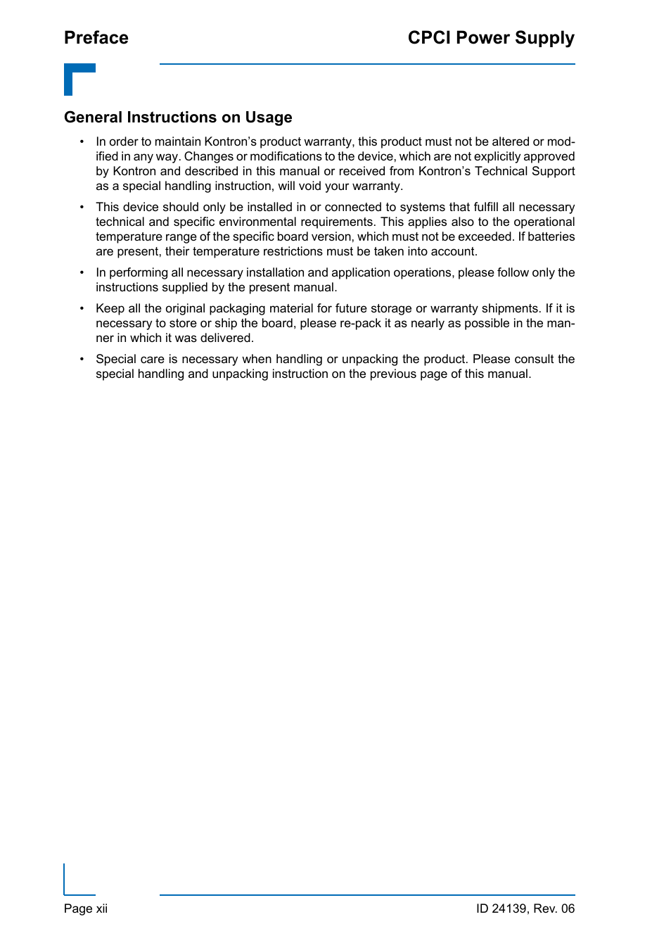General instructions on usage, Preface cpci power supply | Kontron CPCI User Manual | Page 12 / 22