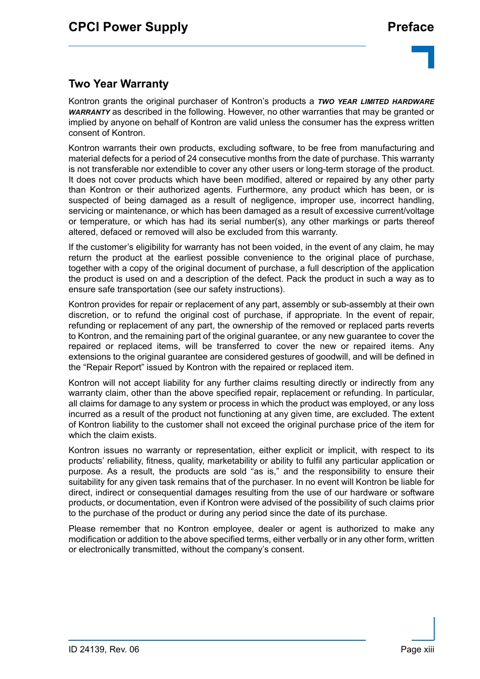 Two year warranty, Cpci power supply preface | Kontron CPCI User Manual | Page 13 / 22