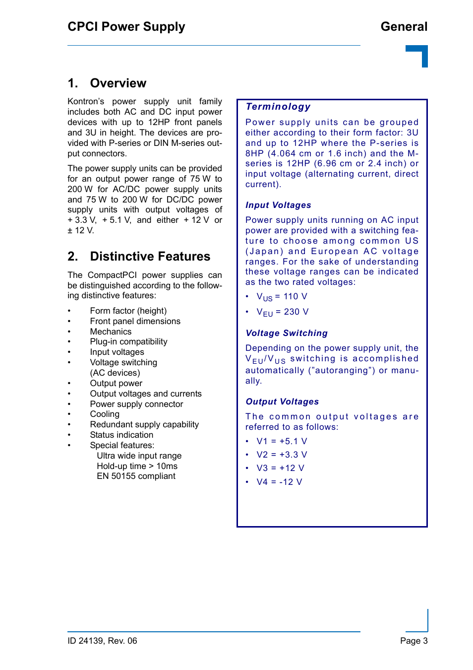 Overview, Distinctive features, Cpci power supply general | Kontron CPCI User Manual | Page 17 / 22