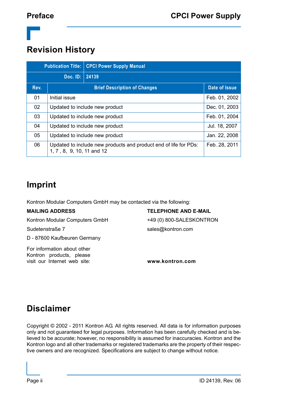 Revision history, Imprint, Disclaimer | Revision history imprint, Preface cpci power supply | Kontron CPCI User Manual | Page 2 / 22